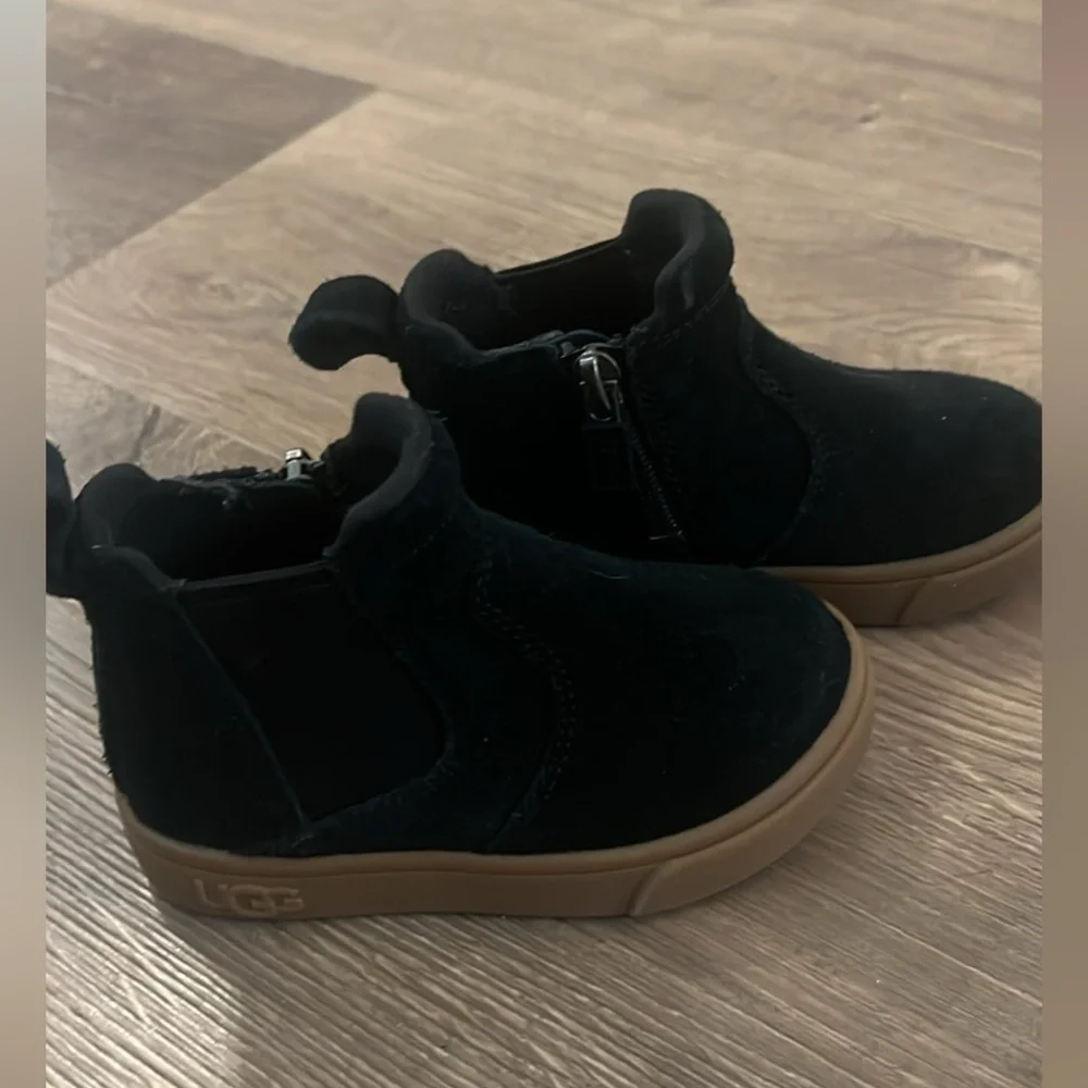 UGG Kids Black Suede Ankle Boots with Tan Sole
